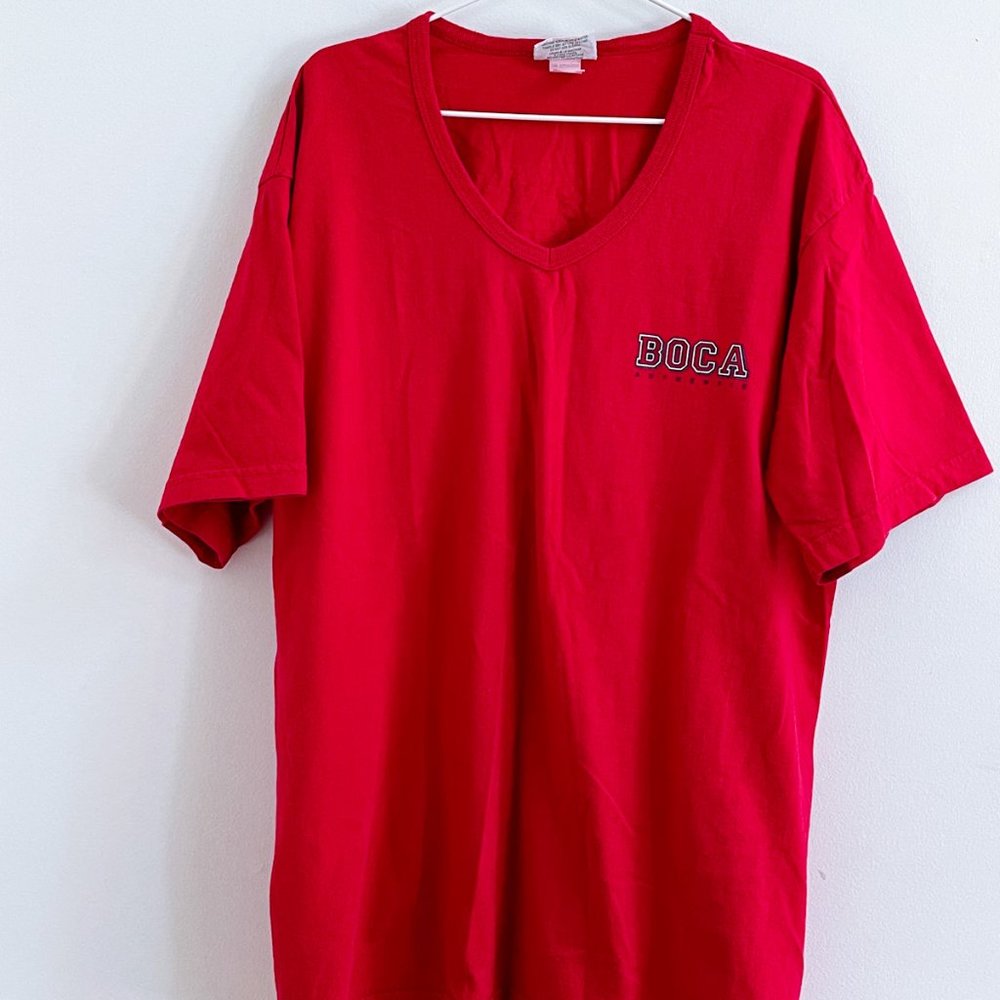 Vintage Boca Authentic Red V-Neck T-Shirt Classic Print Logo Made in Canada XL